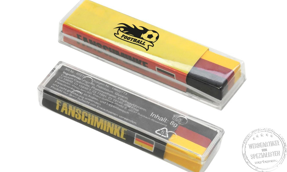 Fanschminke in Schwarz-Rot-Gold als Fu&szlig;ball-Werbeartikel, ideal f&uuml;r Events und Public Viewing.