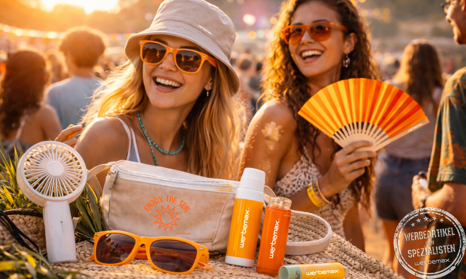 Festival Merch mit Sonnenbrille, Bucket Hat, G&uuml;rteltasche, Handventilator und Energy Shot bei sommerlichem Festival-Event der Gen Z.