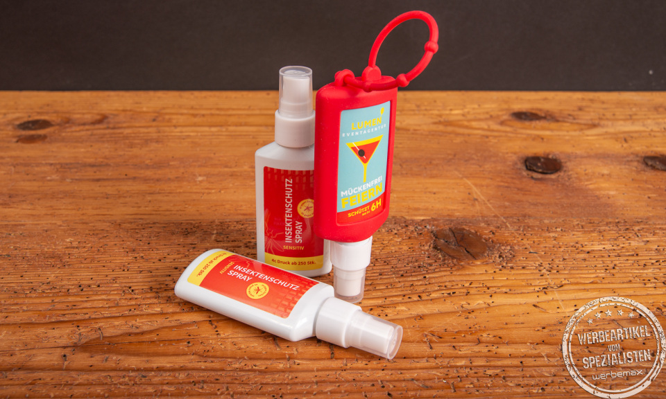 Insektenschutz Spray mit Logo als funktionales Festival Merchandise f&uuml;r Outdoor Events und Sommer Promotion.