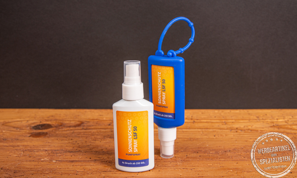 Sonnenschutz Spray LSF 50 mit Logo als praktischer Festival Werbeartikel f&uuml;r Sommer Events und Promotion unter der Sonne.