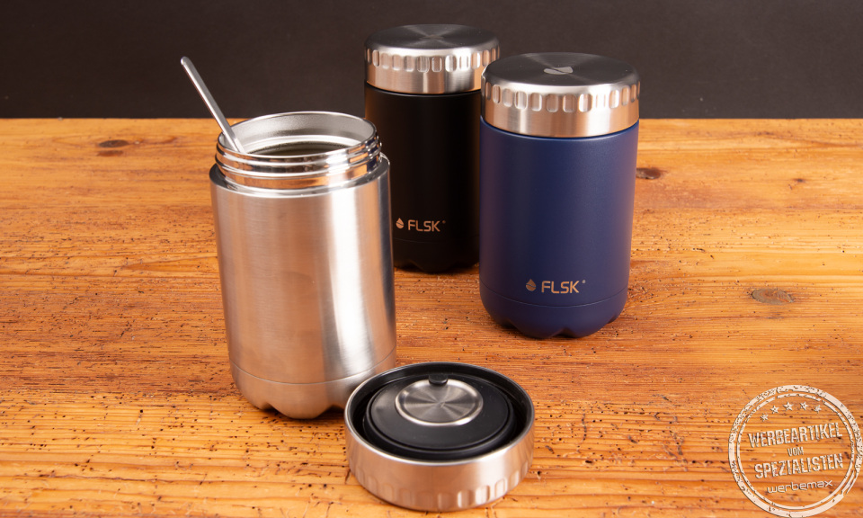 FLSK Food Jar mit Logo als hochwertiger Edelstahl-Thermobeh&auml;lter f&uuml;r Mitarbeitergeschenke.