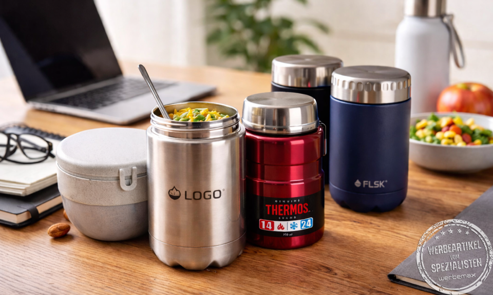 Verschiedene Thermobeh&auml;lter mit Logo als hochwertige Werbeartikel f&uuml;r die Mittagspause im B&uuml;ro.