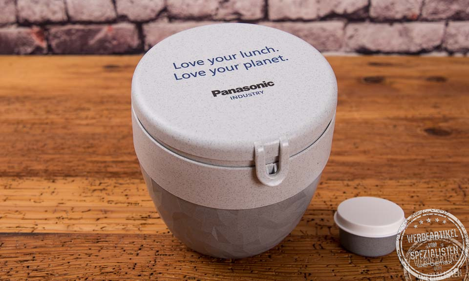 Nachhaltige Bentobox als Food Jar mit Logo bedruckt f&uuml;r Mitarbeiter und Kunden.