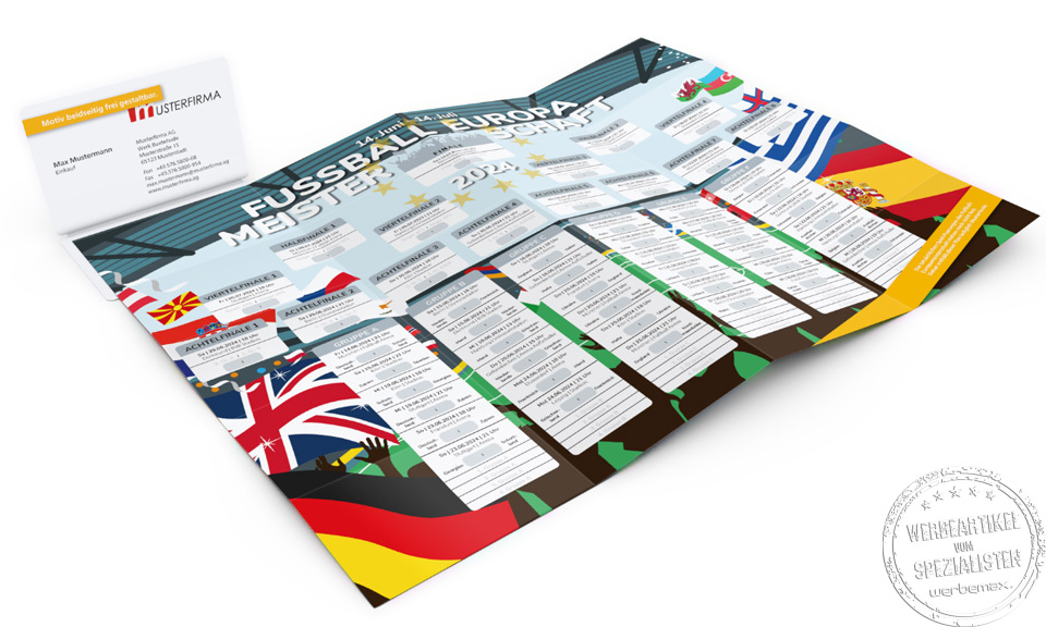 Ausfaltbarer Fu&szlig;ball-Spielplan als Werbeartikel f&uuml;r EM und WM mit individueller Werbeanbringung.