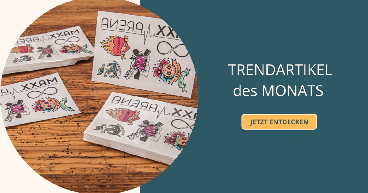 Klebetattoos als Werbeartikel für Maxx Arena mit unterschiedlichen Motiven wie z.B. ein flammendes Herz. 
