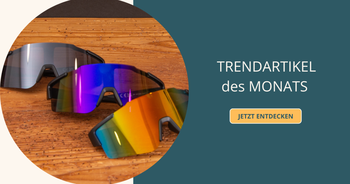 Drei schnelle Brillen mit unterschiedlichen Gläserfarben als Werbeartikel des Monats.