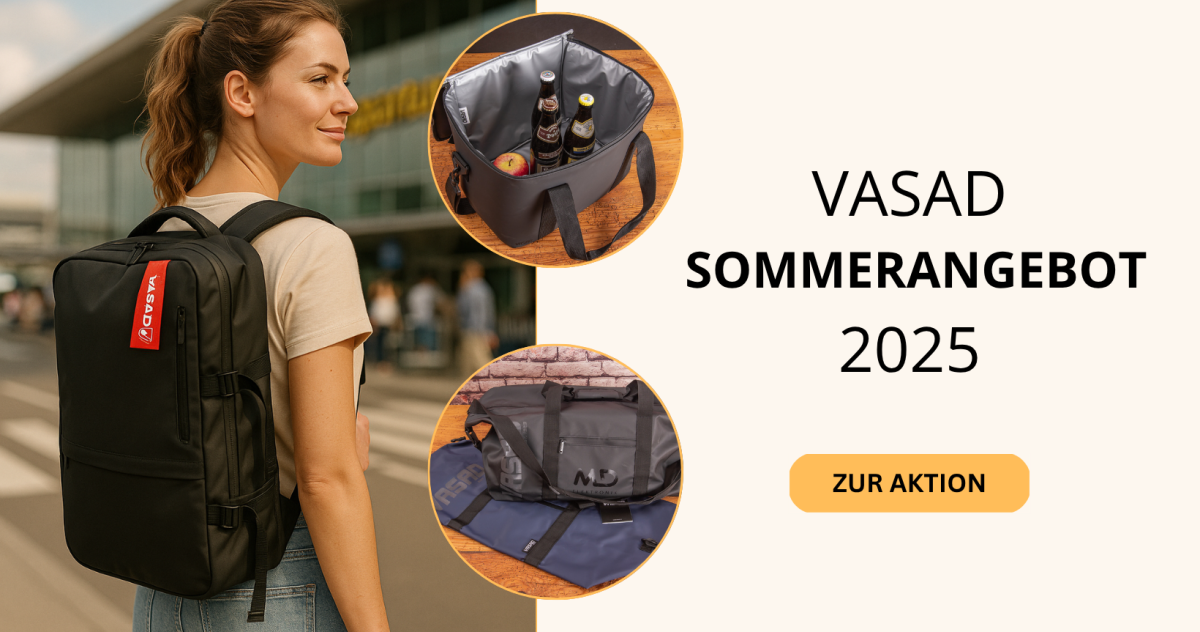 Junge Damen mit VASAD Underseater Active dem Handgepäck Rucksack auf dem Rückem und der Vasad Kühltasche und der Vasad Duffel Bag Reisetasche als Werbegeschenke der Sommeraktion. 