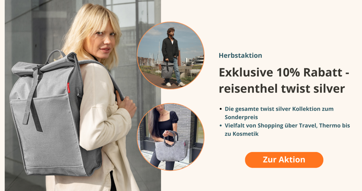 reisenthel Twist Silver Kollektion mit 10% Rabatt – moderne Taschen und Rucksäcke als stilvolle Mitarbeitergeschenke im Sonderangebot. Abgebildet: Rucksack, Shopper und Travel-Bag in edlem Grau.