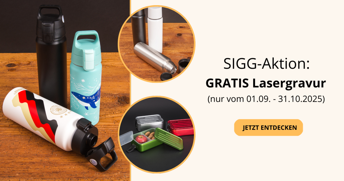 SIGG Trinkflaschen und Lunchboxen mit kostenfreier Lasergravur – Aktionszeitraum 01.09.–31.10.2025, nachhaltige Werbegeschenke mit Logo.