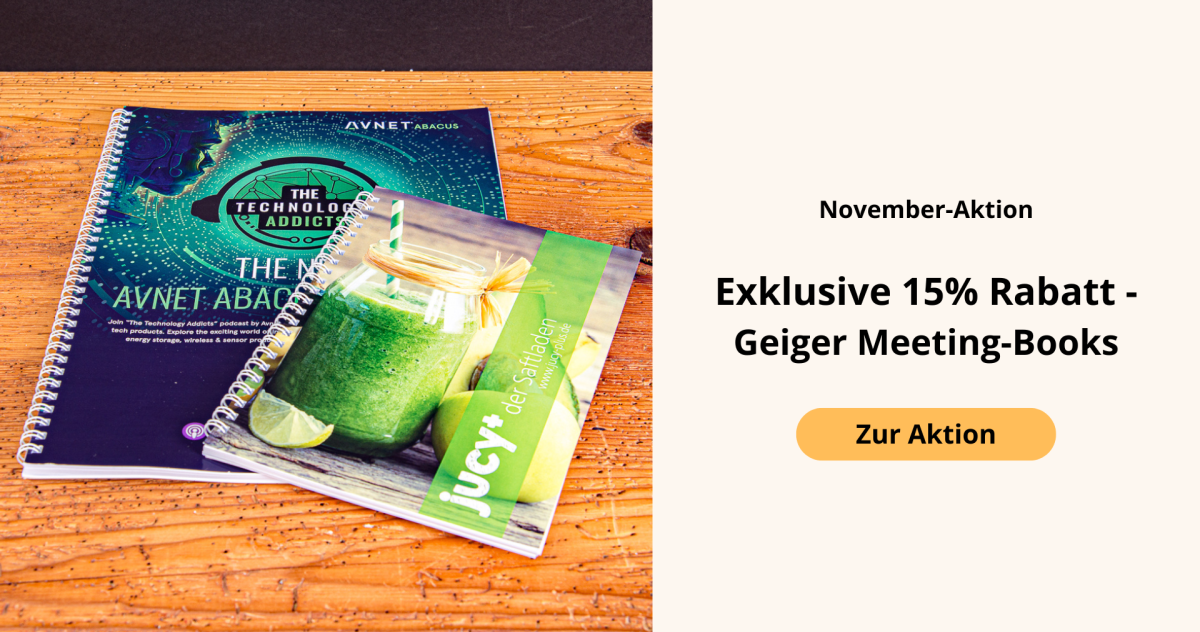 Individuell bedruckte Geiger Meeting-Books mit Spiralbindung als hochwertige Notizbücher für Meetings, Schulungen und Werbezwecke – jetzt 15 % Rabatt in der November-Aktion bei Werbemax