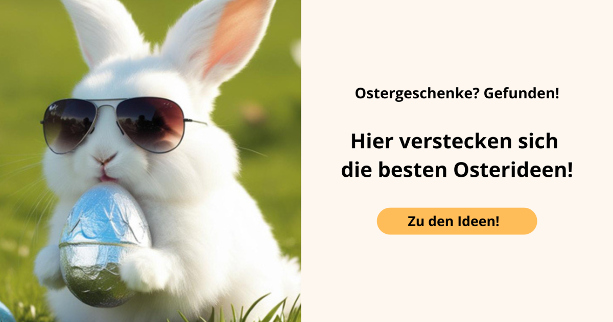 Lustiger Osterhase mit Sonnenbrille h&auml;lt ein Osterei &ndash; kreative Oster-Werbegeschenke und Geschenkideen f&uuml;r Mitarbeiter und Kunden entdecken