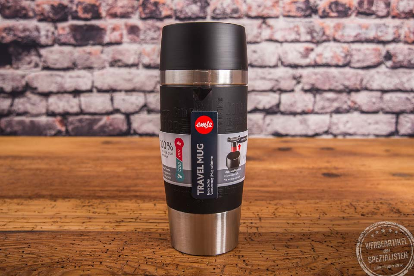 Schwarzer Kaffeebecher emsa Travel Mug mit Firmenlogo 