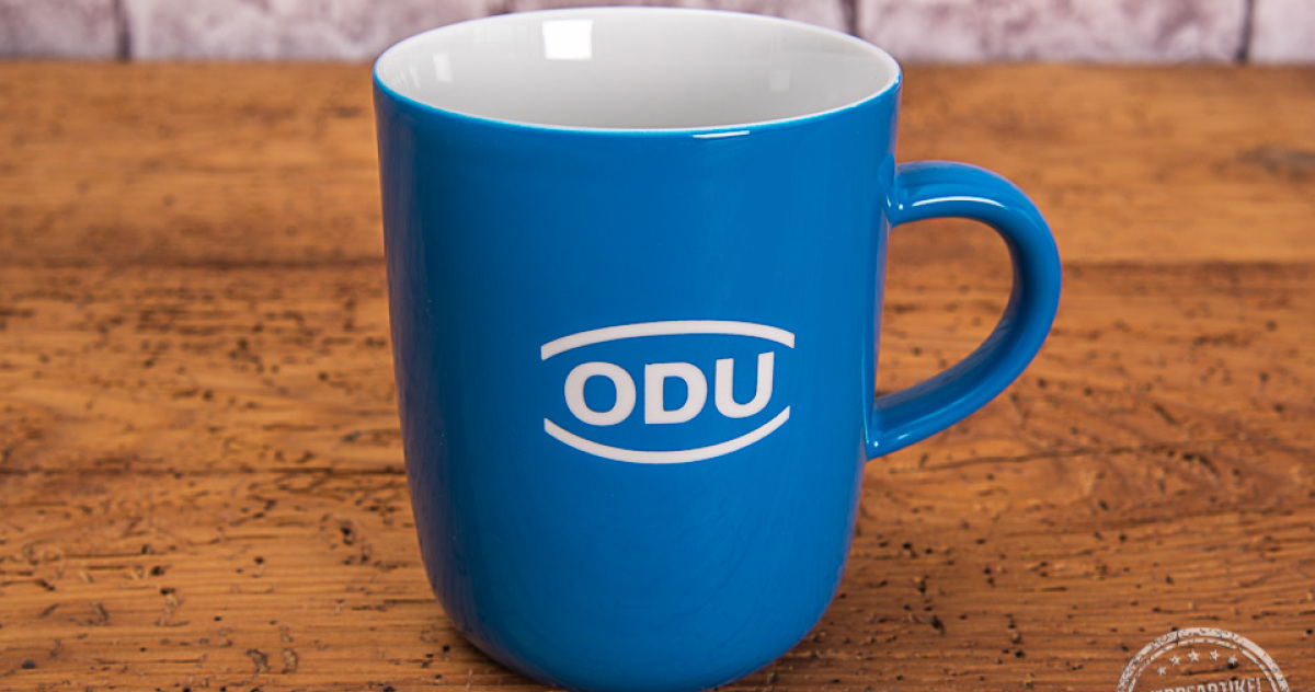 ODU Tasse Werbegeschenk in Blau mit wei&szlig;er Gravur