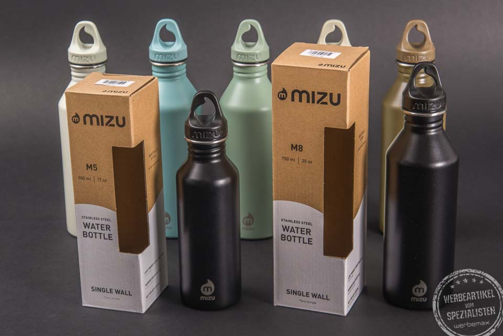 MIZU M5 und M8 Edelstahl-Trinkflaschen mit Werbekarton