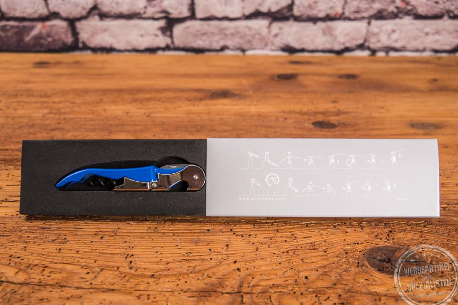Pulltap Werbekellnermesser blau mit Logo in Kartonverpackung