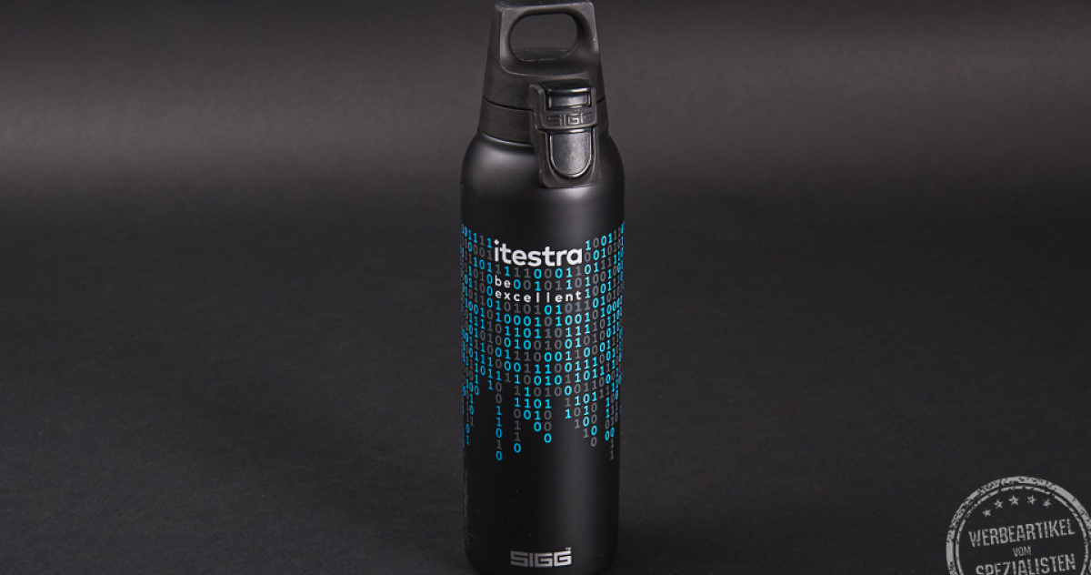 Sigg hot and cold Isolierflasche in schwarz f&uuml;r Itestra als Werbegeschenk 