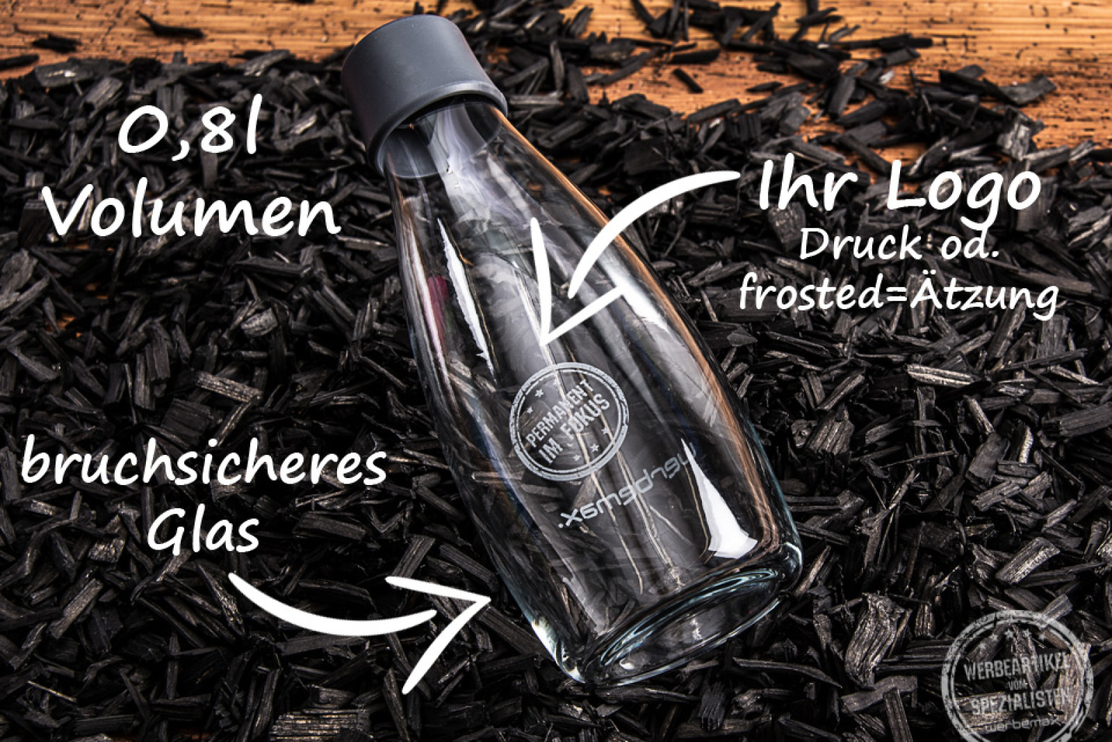 Vorteile Glasflasche Retap mit schwarzem Thermodeckel 