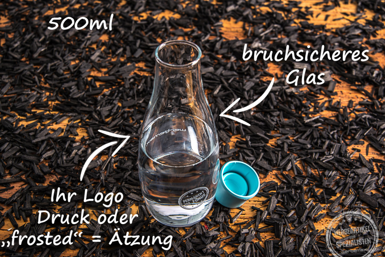 Retap Glasflasche mit Deckel und Beschriftungsmöglichkeiten als Werbeartikel mit Logo Gravur