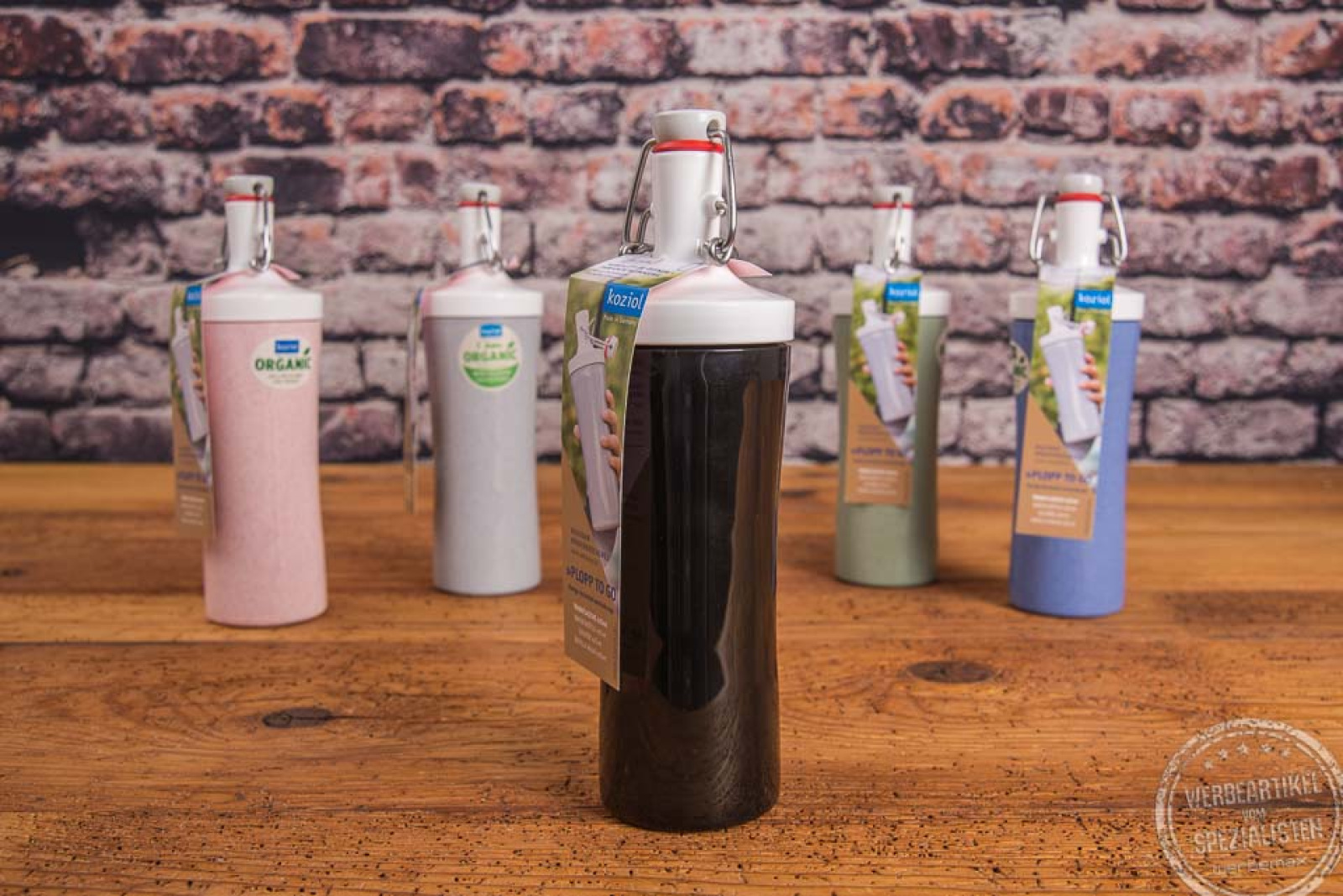 Koziol organic Plopp to Go Flasche mit Bügelverschluss und Kundenlogo