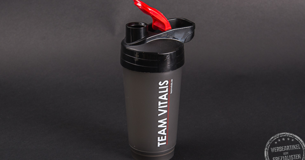 Eiweiß Protein Shaker mit Logo Druck Team Vitalis.