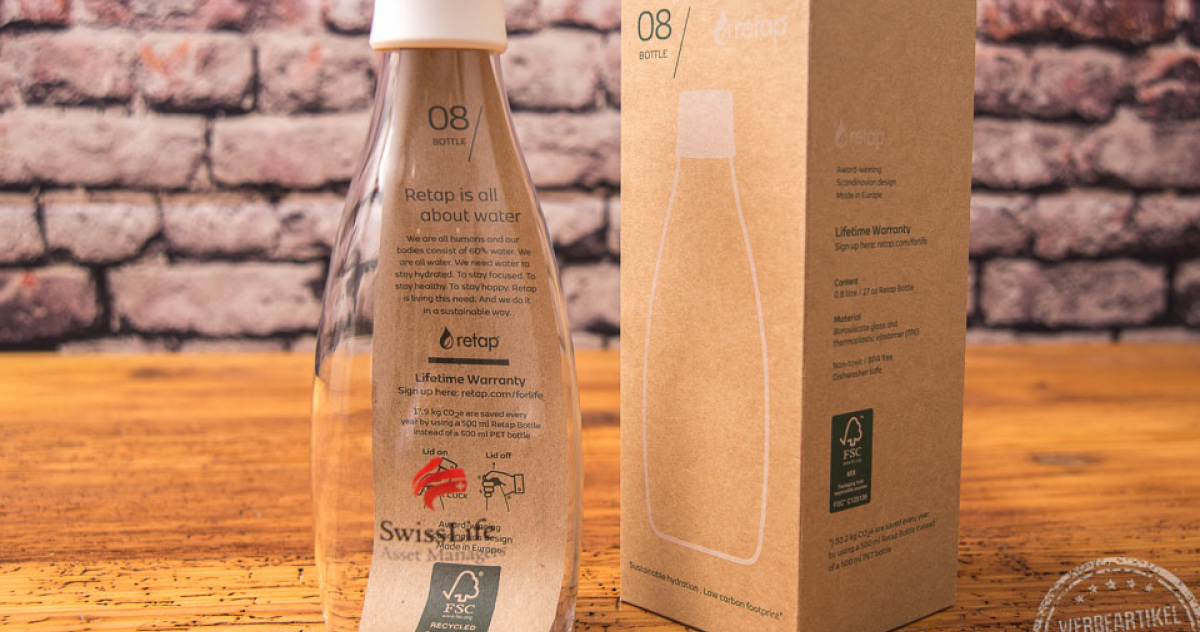 Retap Trinkflasche aus Borosilikatglas mit wei&szlig;em Deckel 