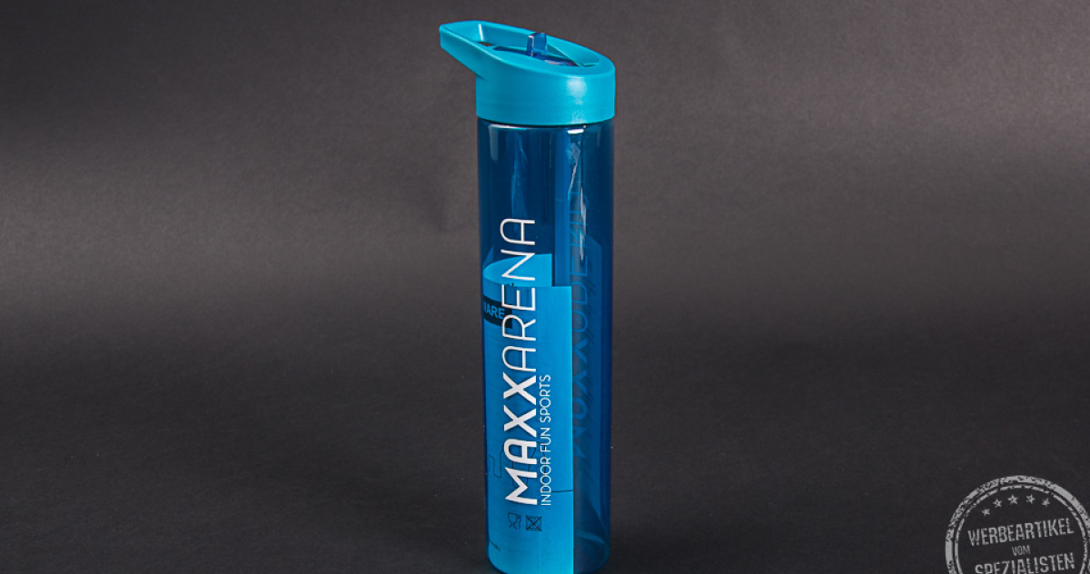 Blaue Trinkflasche mit Logo Maxxarena.