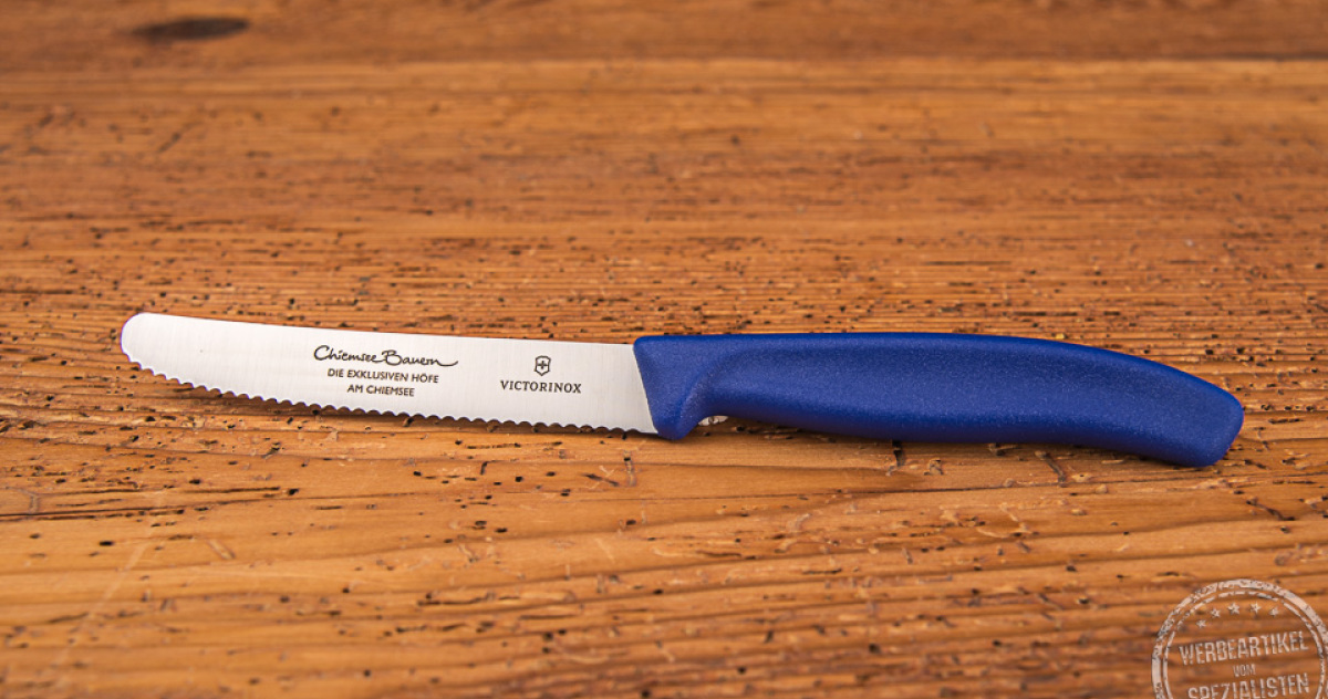 Blaues Victorinox Tomatenmesser mit Gravur Chiemgau Bauern 