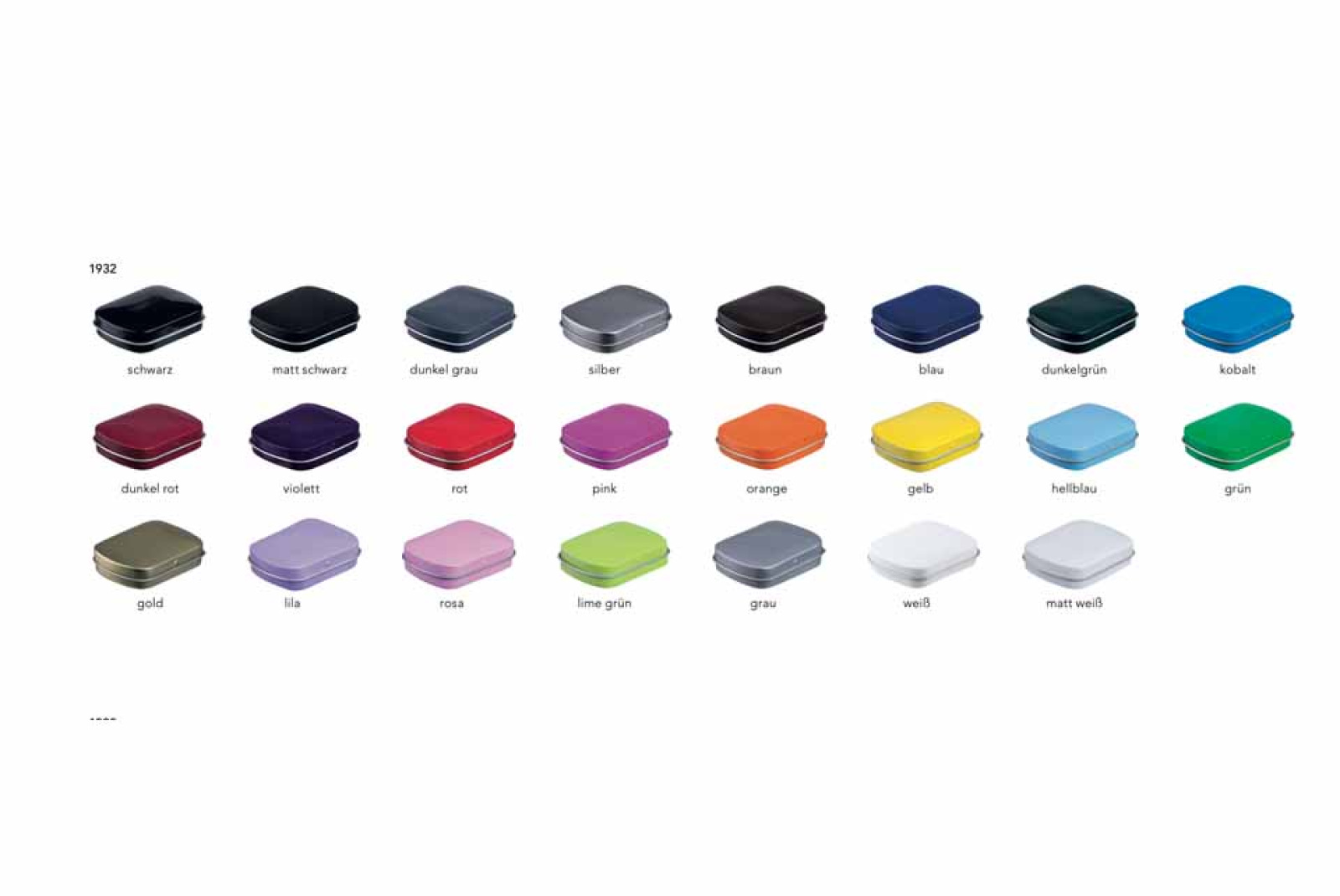 Farbübersicht der 23 Standardfarben der Pfefferminzdose