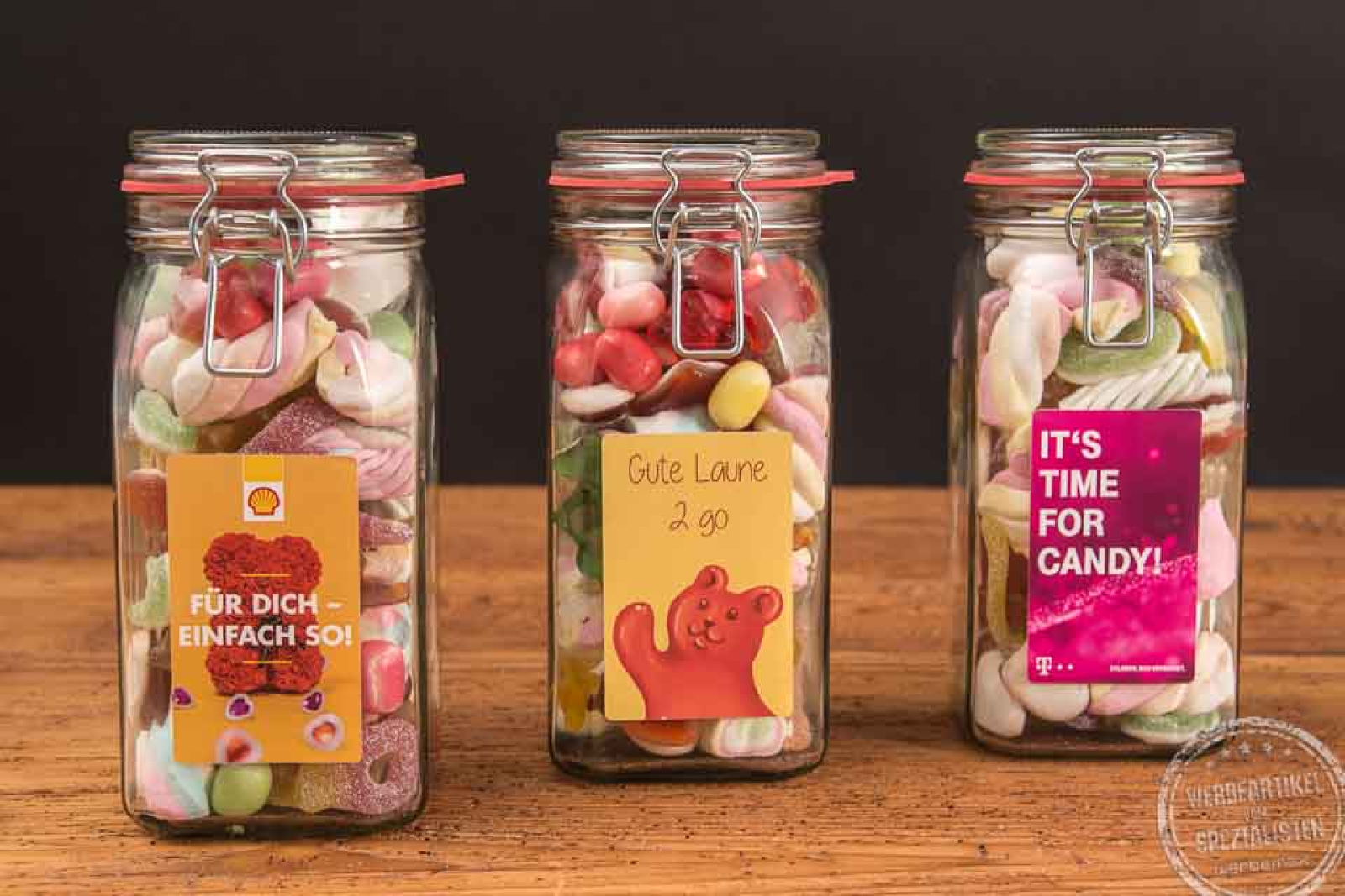 Personalisierte Süßigkeiten als Werbeartikel im Glas mit Logo als Geschenk