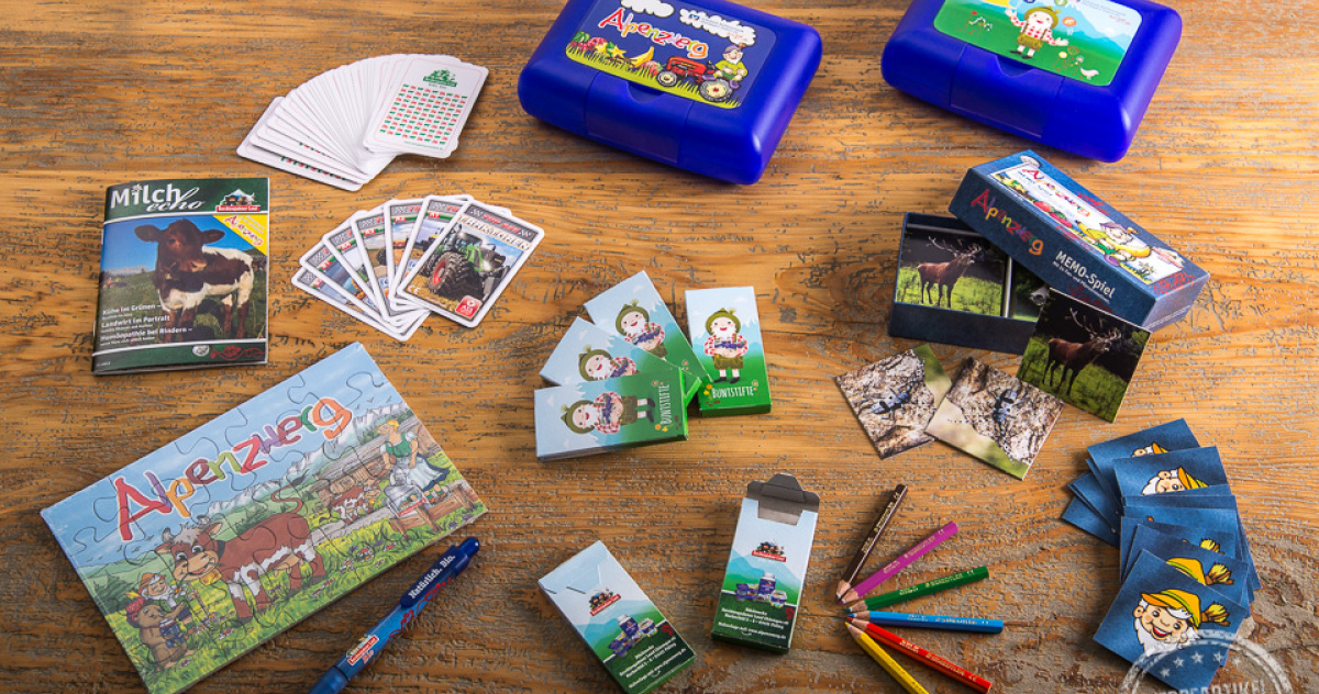 Verschiedene Werbeartikel f&uuml;r Milchwerke Berchtesgadener Land mit Logo bedruckt.