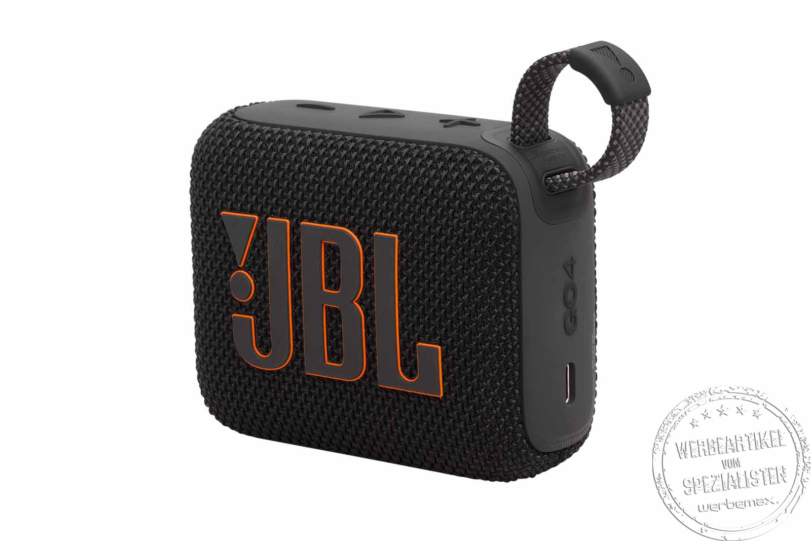 JBL GO 4 in Schwarz mit orangefarbenen JBL Logo