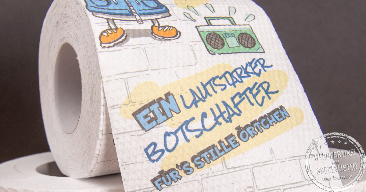 Bedrucktes Toilettenpapier von Elektro Hartinger mit humorvoller Botschaft als kreativer Messe-Werbeartikel für hohe Aufmerksamkeit.