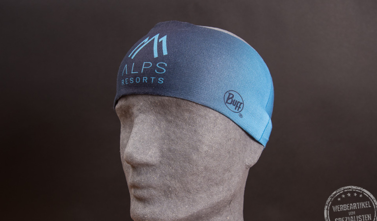 Blaues BUFF Stirnband in Blautönen mit Logo ALPS RESORTS 