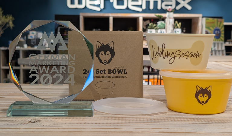 German Marketing Award, koziol 2-er Set BOWL mit Lieblingsessen Aufdruck und Wolfsblut Logo.