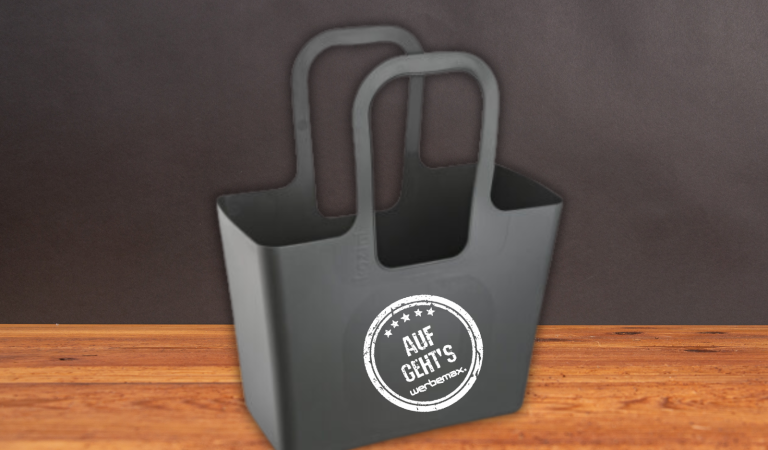 Koziol Tasche XL grau mit Logodruck als Messetasche.