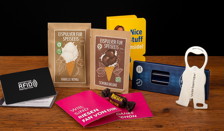 Sechs kreative Werbeartikel auf einem rustikalen Holztisch vor schwarzem Hintergrund: eine RFID-Schutzkarte, zwei Eispulver-Tütchen in Vanille und Schoko, eine Verpackung mit Glas-Trinkhalm, eine pinke Klappkarte mit Schoko-Riegel, ein gelbes Mailing mit Eis-Lutscher und ein gravierter Edelstahl-Flaschenöffner in Figurenform.