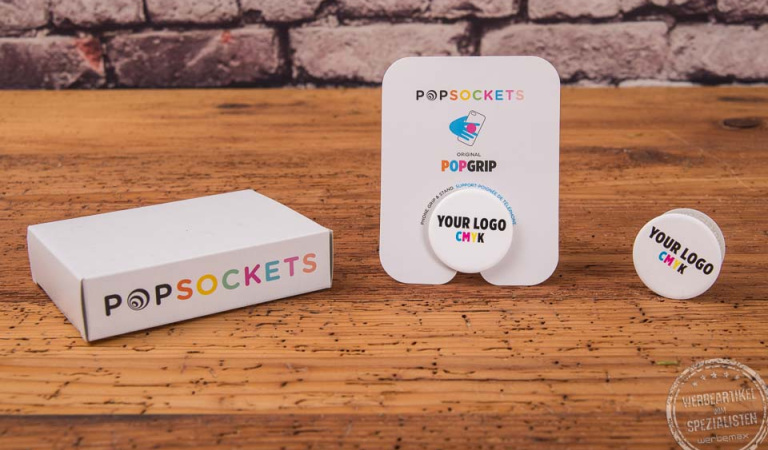 Mehrfarbig bedruckter Popsocket PopGrip mit Verpackung – Werbeartikel mit Logo von werbemax.