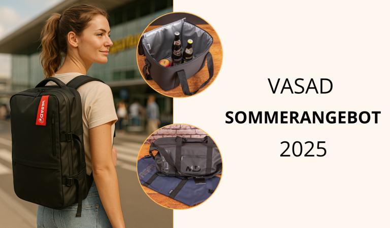 Junge Dame mit Vasad Underseater Active, dem Handgepäck-Rucksack auf dem Rücken als Werbeartikel zum Sonderpreis. 