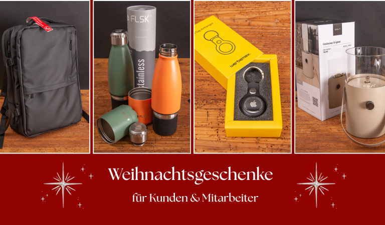 Ideen für Weihnachtsgeschenke für Kunden und Mitarbeiter: schwarzer Rucksack, FLSK Trinkflaschen, Apple AirTag Anhänger im Geschenkkarton und Cosiscoop Glaslaterne.