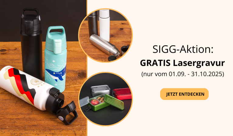 SIGG Trinkflaschen und Lunchboxen mit kostenfreier Lasergravur – Aktionszeitraum 01.09.–31.10.2025, nachhaltige Werbegeschenke mit Logo.