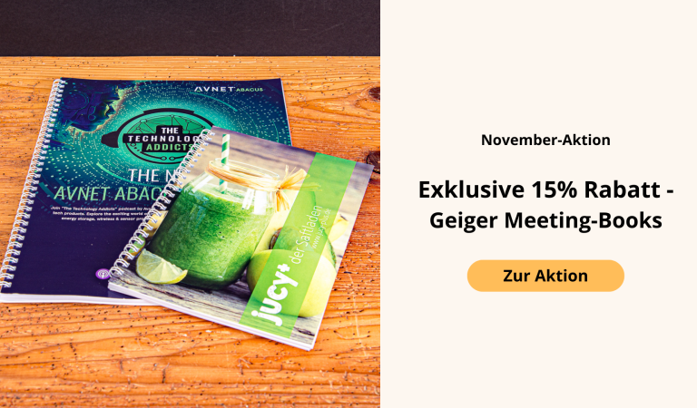 Individuell bedruckte Geiger Meeting-Books mit Spiralbindung als hochwertige Notizbücher für Meetings, Schulungen und Werbezwecke – jetzt 15 % Rabatt in der November-Aktion bei Werbemax