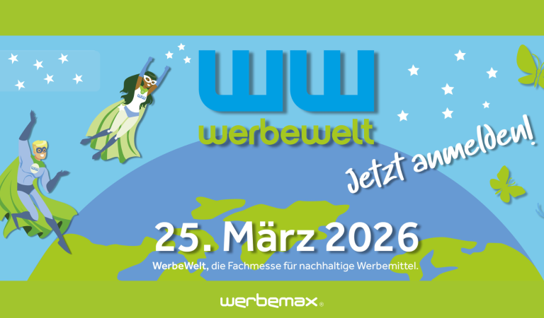 WerbeWelt 2026 – nachhaltige Werbeartikel Messe von werbemax am 25. März 2026. Superhelden-Motiv mit Aufruf „Jetzt anmelden!“ – entdecken Sie die neuesten nachhaltigen Werbegeschenke und Werbetrends 2026.