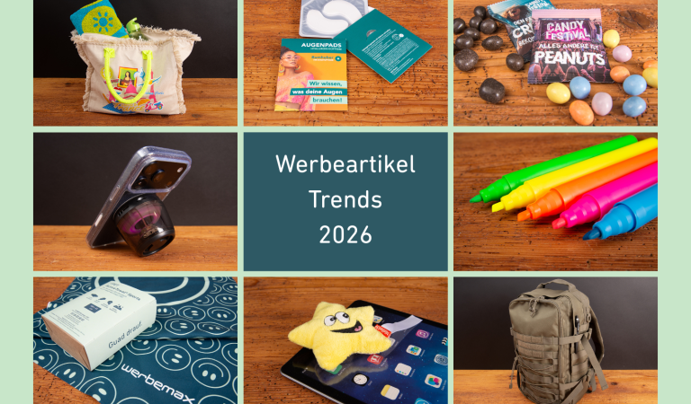 Werbeartikel Trends 2026 mit innovativen Werbegeschenken wie Augenpads, Merchandise-Taschen, Neon-Textmarkern und nachhaltigen Neuheiten von der PSI D&uuml;sseldorf.