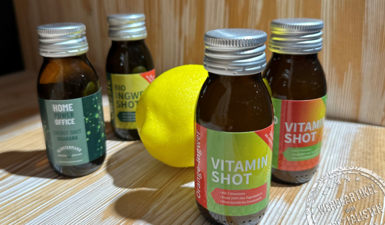 Vitamin-Shot mit Werbeetikett als Give away