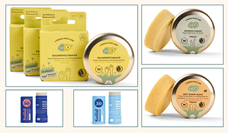 Feste Handcreme, feste Fußcreme und feste Körperbutter in der Dose mit Papierverpackung als Werbegeschenk.