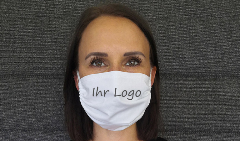 Mund-Nasen-Maske in weiß mit Logo bedruckt