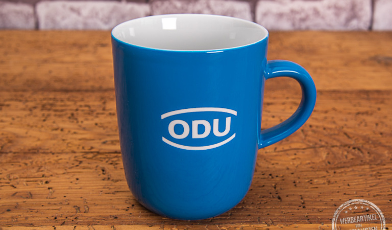 ODU Tasse Werbegeschenk in Blau mit weißer Gravur