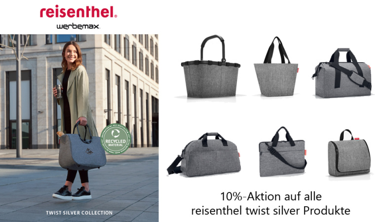 Reisenthel Twist Silver Collection als hochwertige Werbeartikel bei werbemax – elegante Taschen, Körbe und Accessoires aus recyceltem Material, jetzt mit 10 % Rabatt.