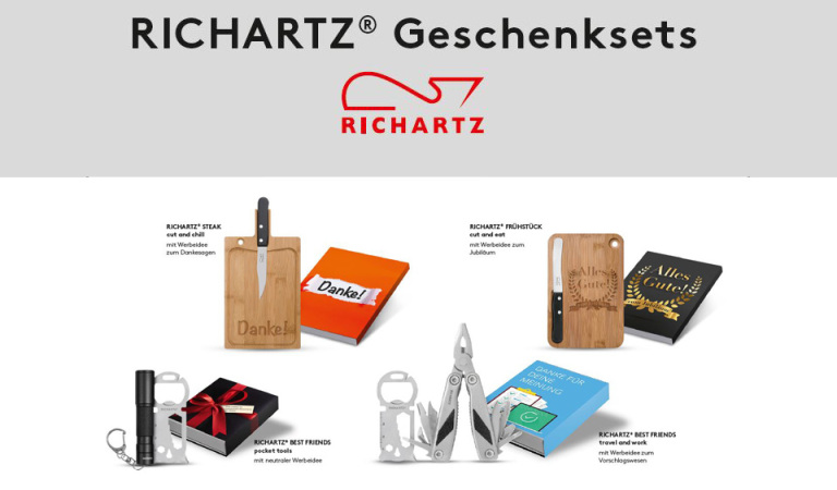 Richartz Frühstücksbrett, Richartz Key Tool, Richartz Multitool im Geschenkset als Werbegeschenk mit Logo. 