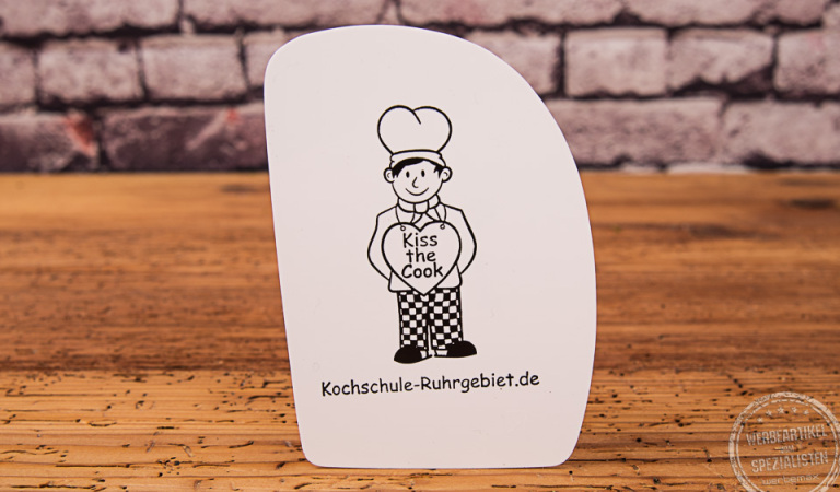 Teigschaber wei&szlig; mit Logodruck als Werbeartikel.